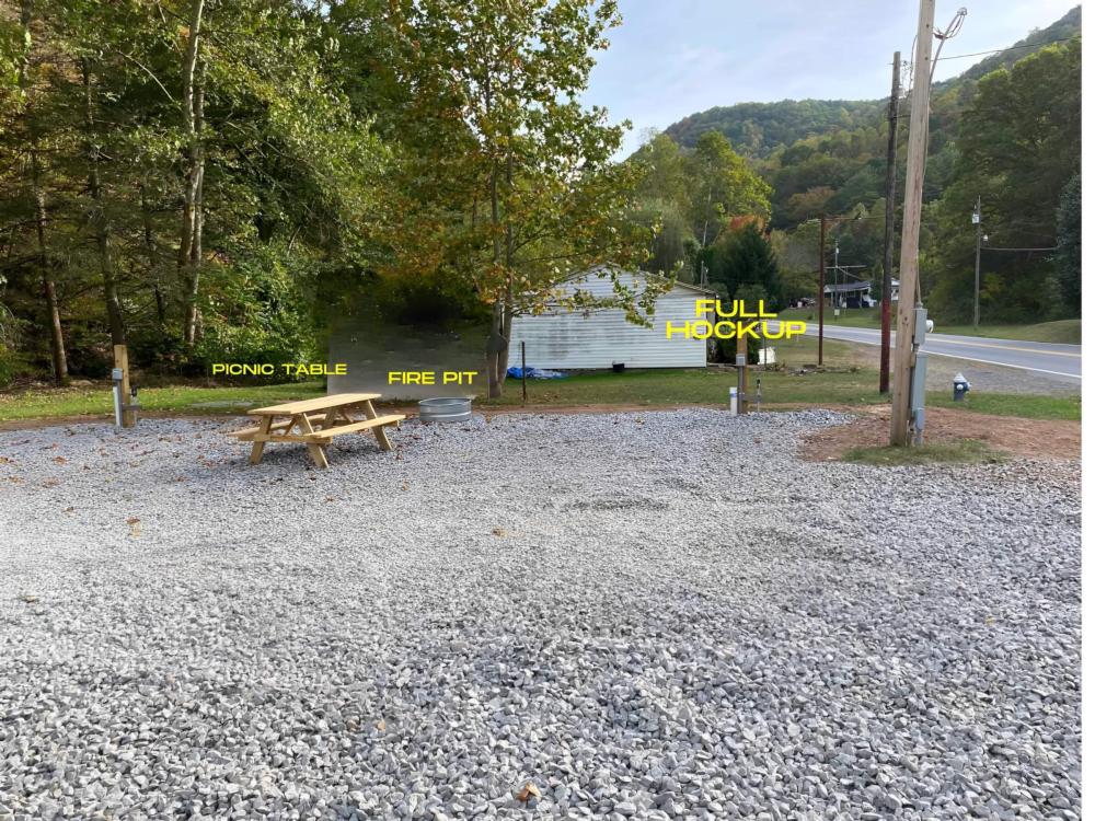 A gravel RV site with picnic table