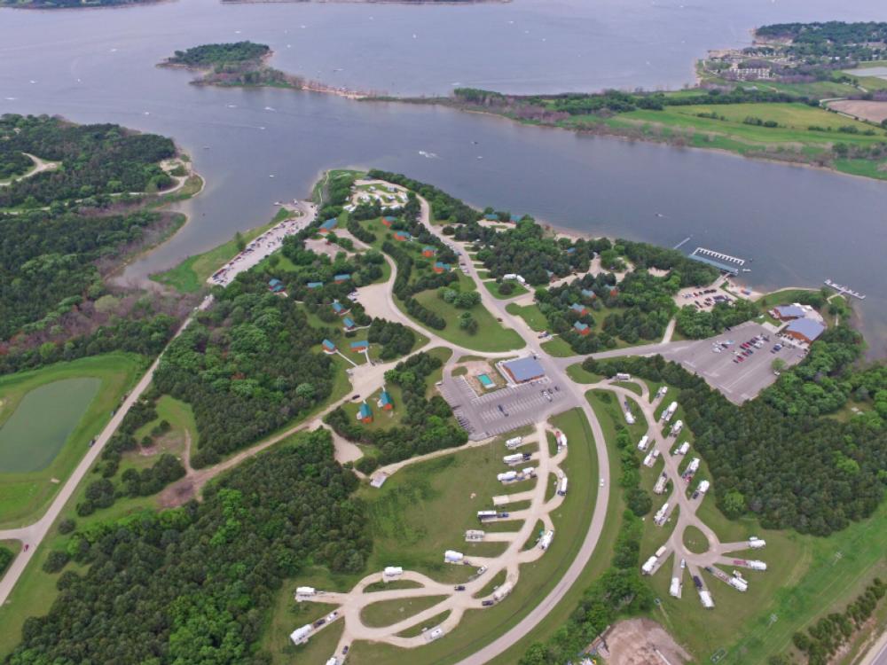 Ariel view of park near the river