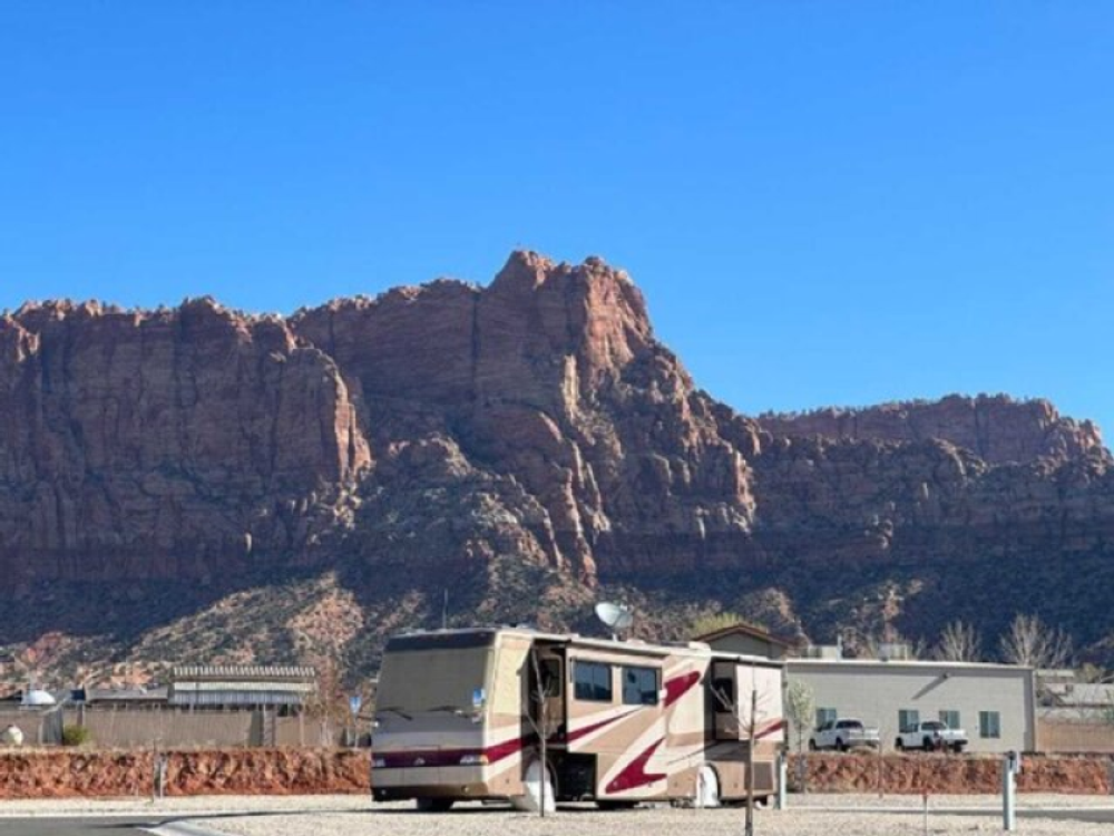 RV in front of mountains at Water Canyon RV Park