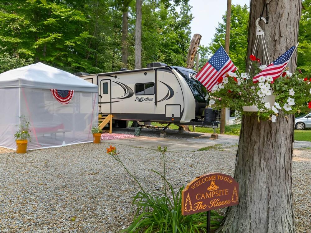 Parked trailer with covered panic area at Camp HiYo