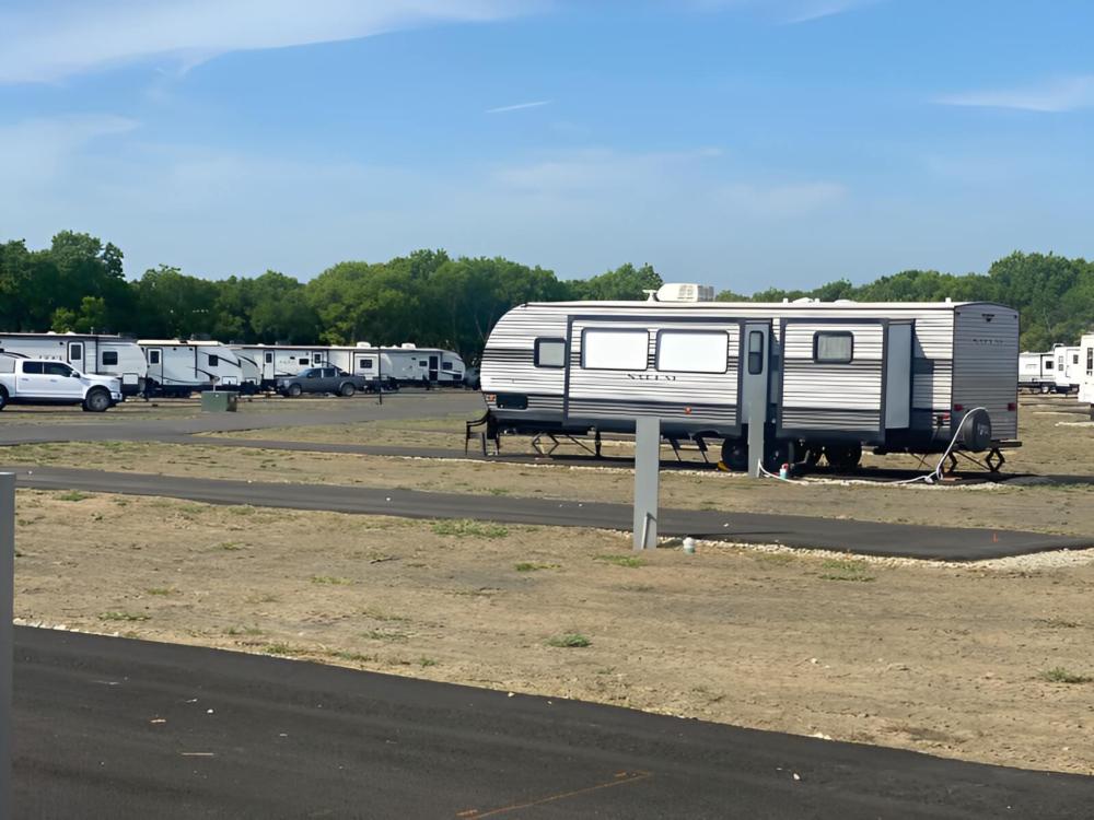 Parked trailers at Rusted Rail RV Park