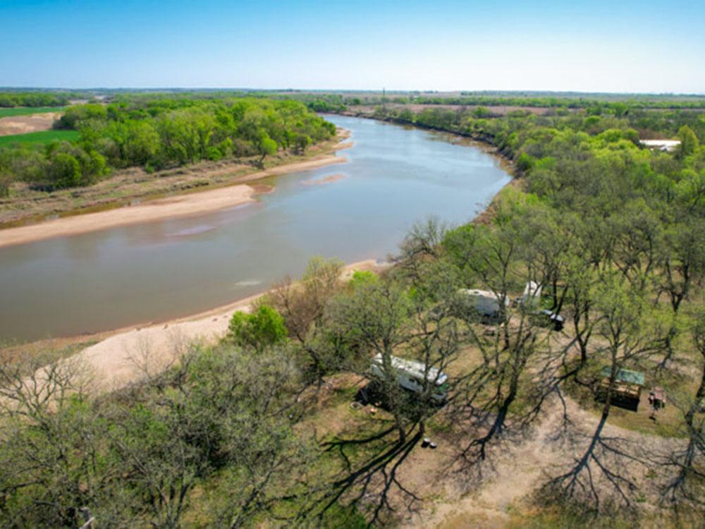 Aerial view of the river and sites at RIVERSHIRE RV RESORT & CAMPING