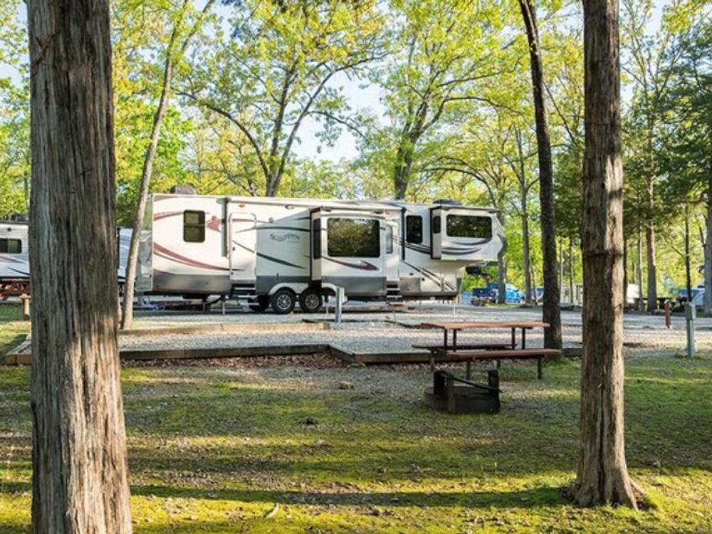 Trailer in a gravel site at Barnard Street RV Park