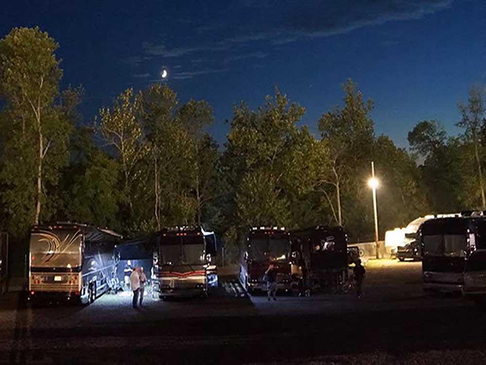 A row of motorhomes parked in sites at HICKORY HILL LAKES CAMPGROUND