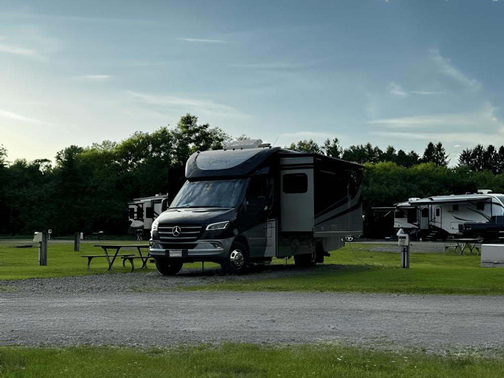Parked RV at site Smugglers Notch RV Village