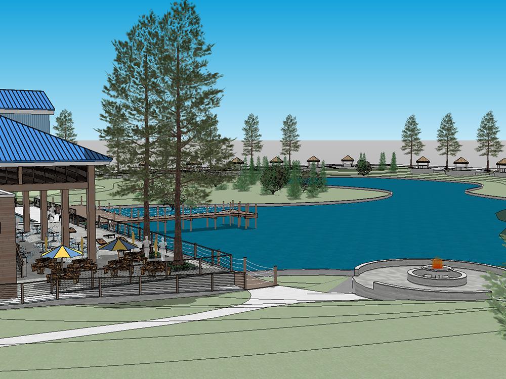 Art rendering of a boat dock over water and seating at TWISTED PARROT LUXURY RV RESORT