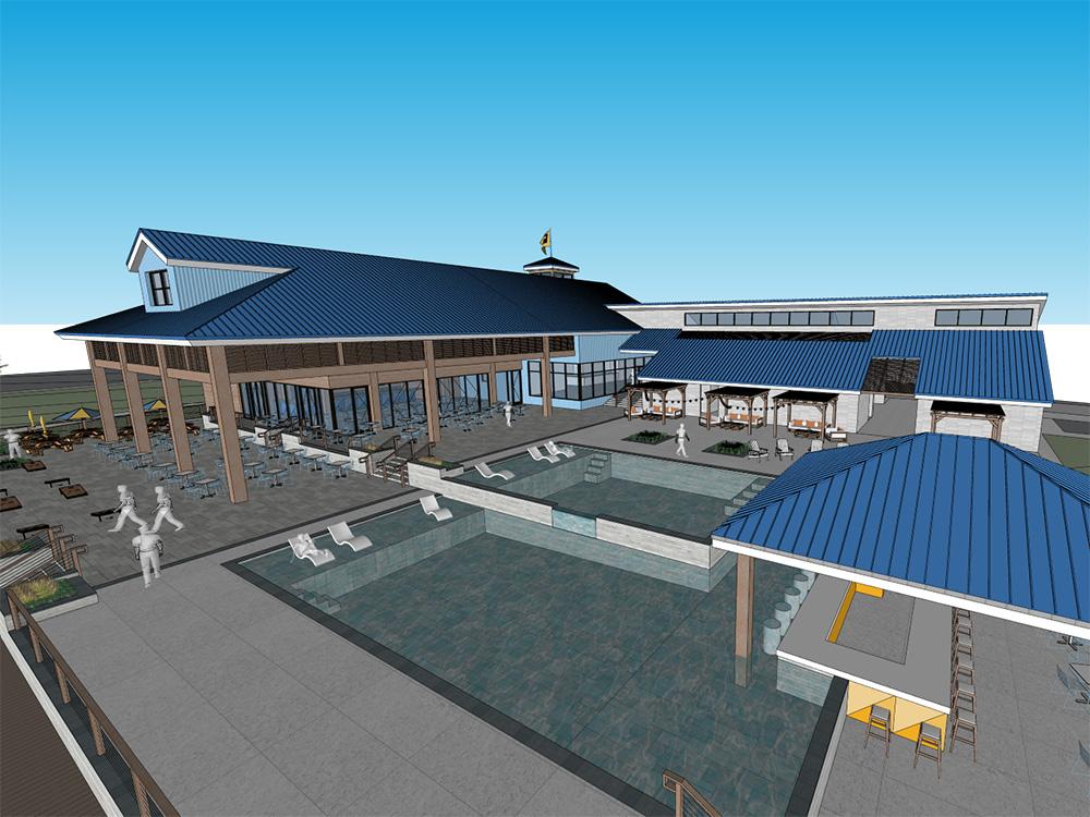 Art rendering of the pool area and buildings at TWISTED PARROT LUXURY RV RESORT