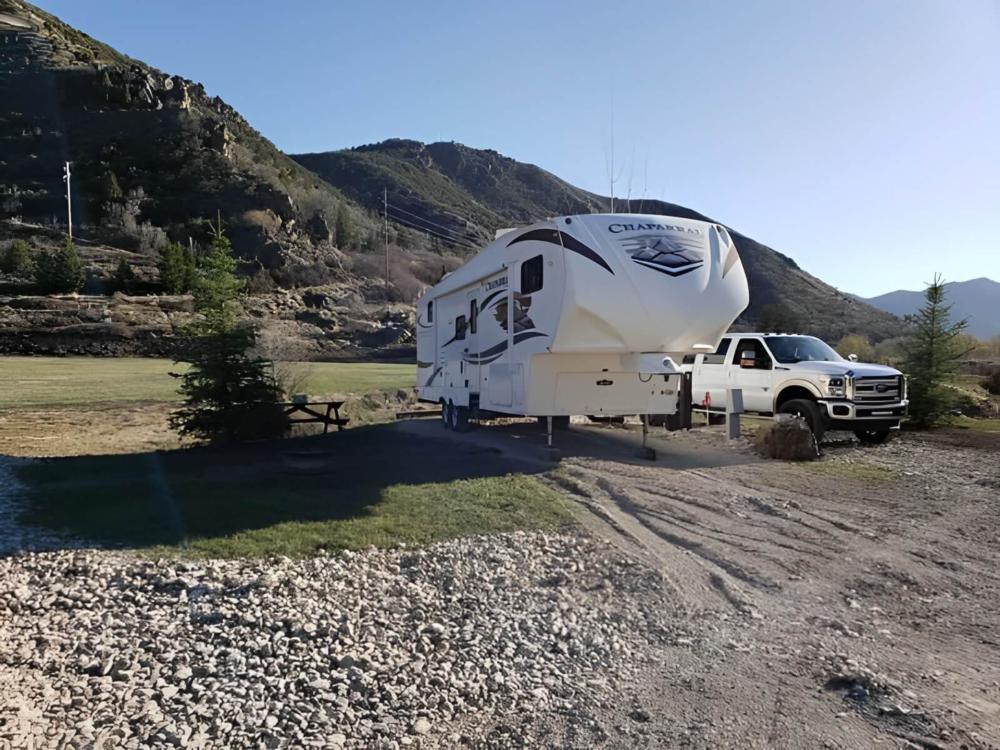 Parked trailer at site Lava Campground