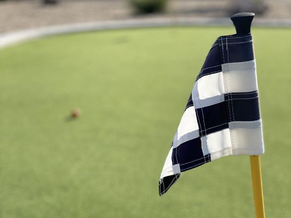 A close up of a flag on the miniature golf course at DESERT SPRINGS RV RESORT