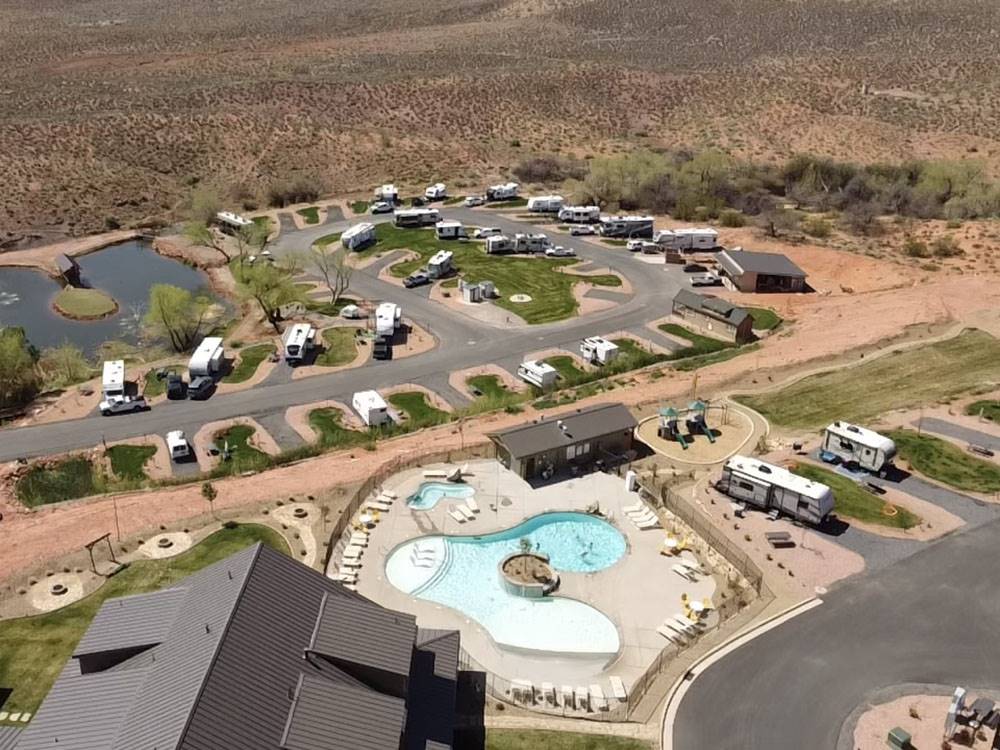 Aerial view of pool area and sites