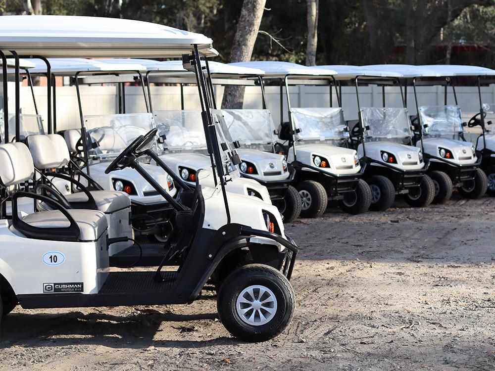 A row of parked golf carts at CROOKED OAKS RV PARK