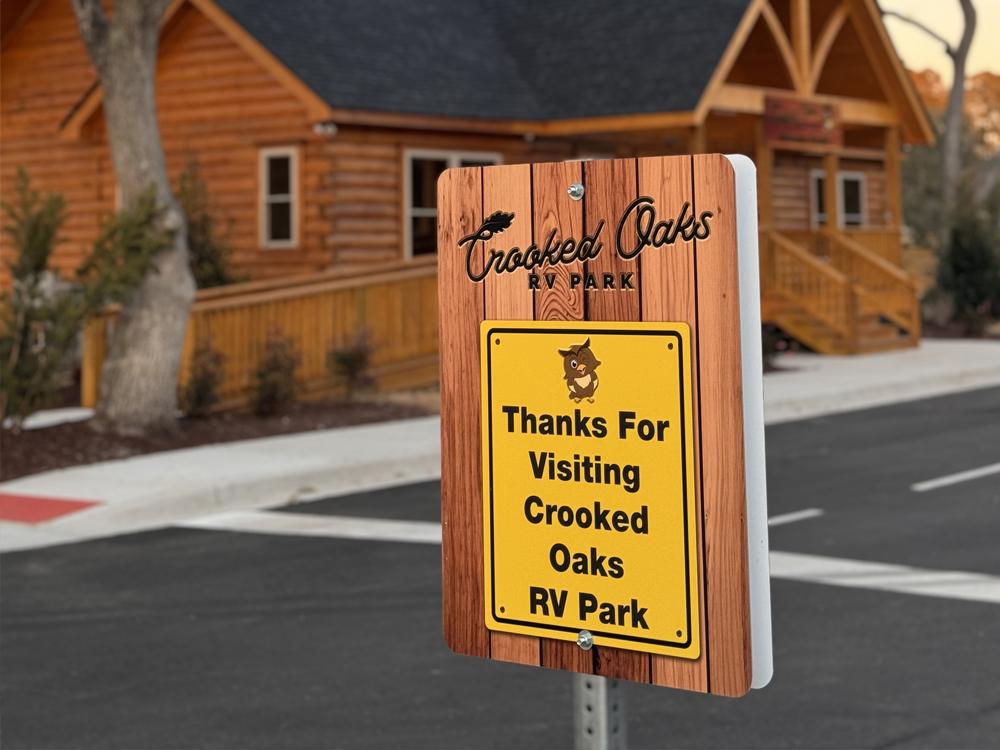 A Thank You for visiting sign at the exit at CROOKED OAKS RV PARK