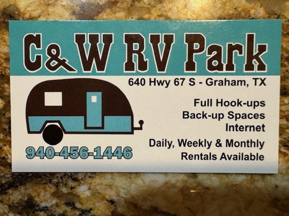 Park business card at C&W RV PARK