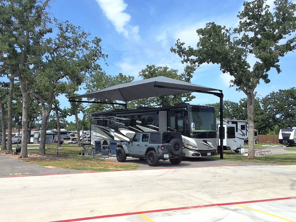 A motorhome in a covered RV site