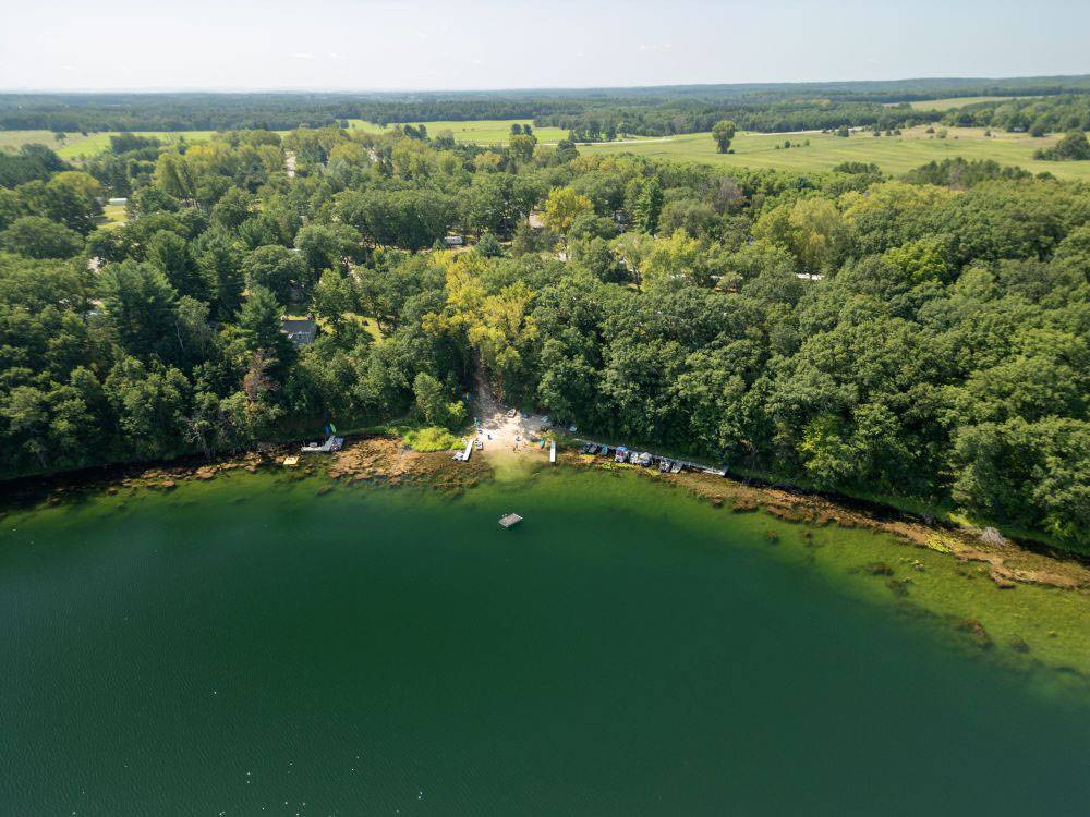 Aerial view of the lake and trees