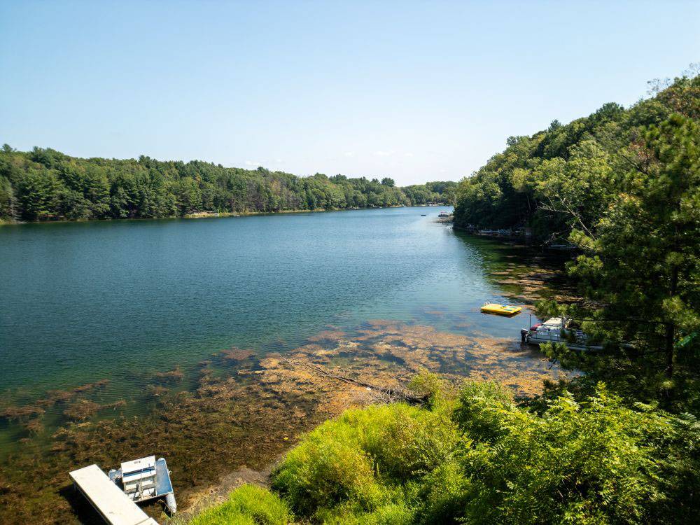 A view of the lake and boat dock