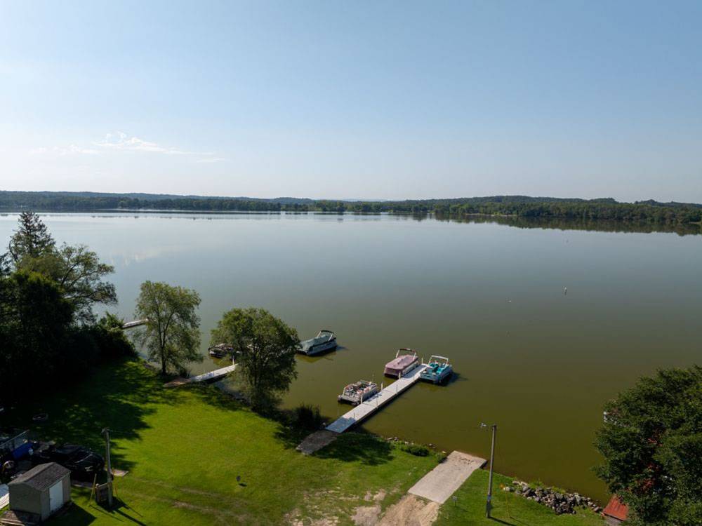 Boats docked on the lake