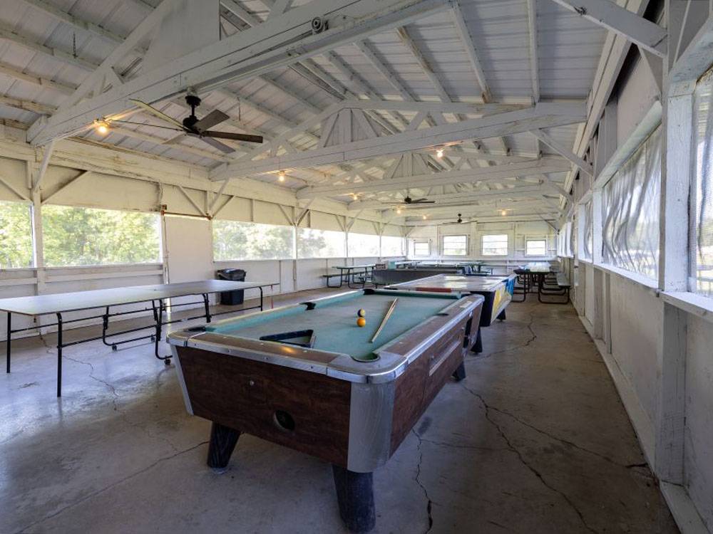A screened-in billiard room