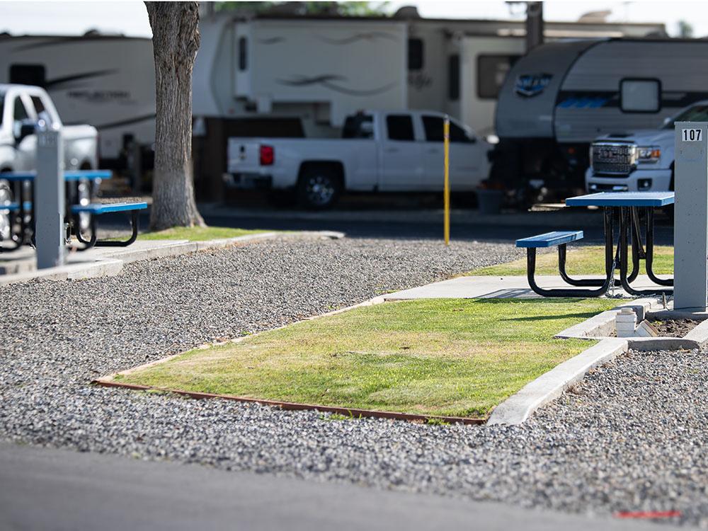 Grassy area and picnic table on a site at ROSEDALE VILLAGE RV PARK