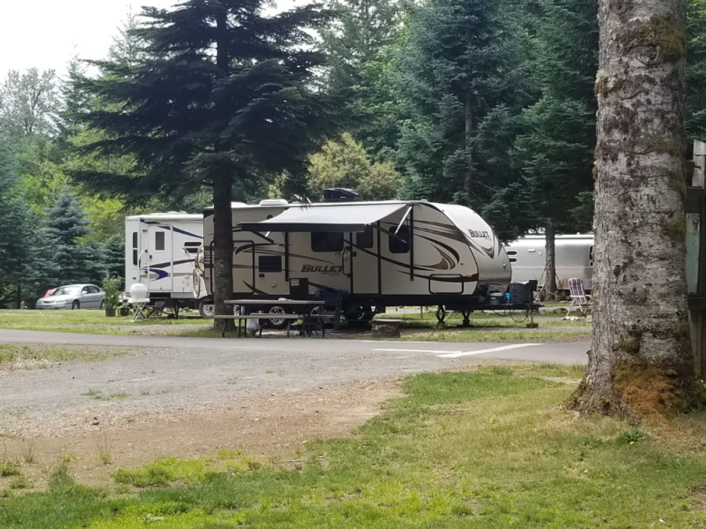 Trailer in RV site at Cougar RV Park & Campground