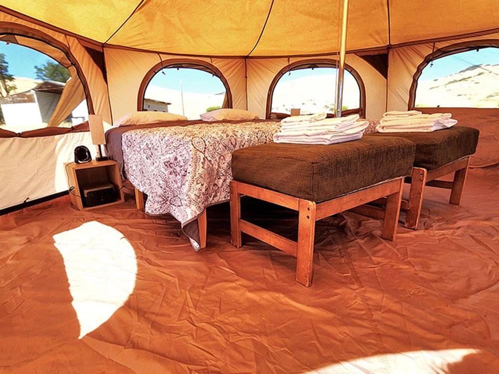Inside a glamping tent