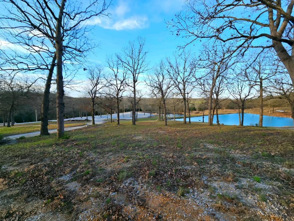 Grass area with lake view at site Mimosa Place RV Park