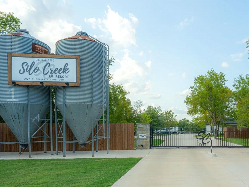 Campground entrance with silos at SILO CREEK RV RESORT