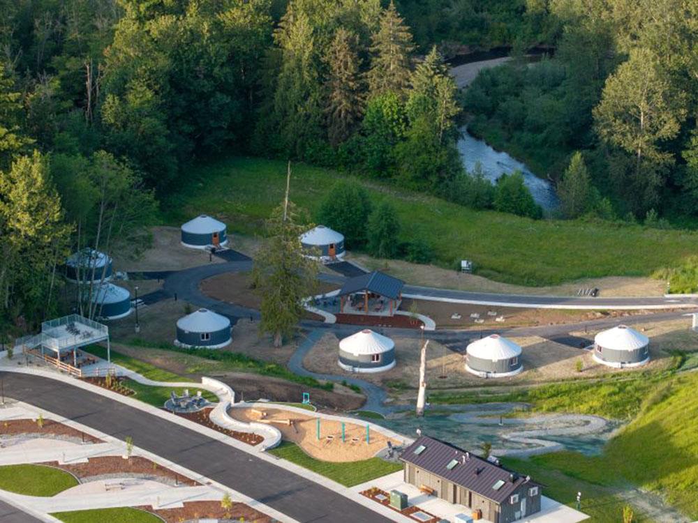 Aerial view of the yurts at ANGEL OF THE WINDS CASINO RESORT