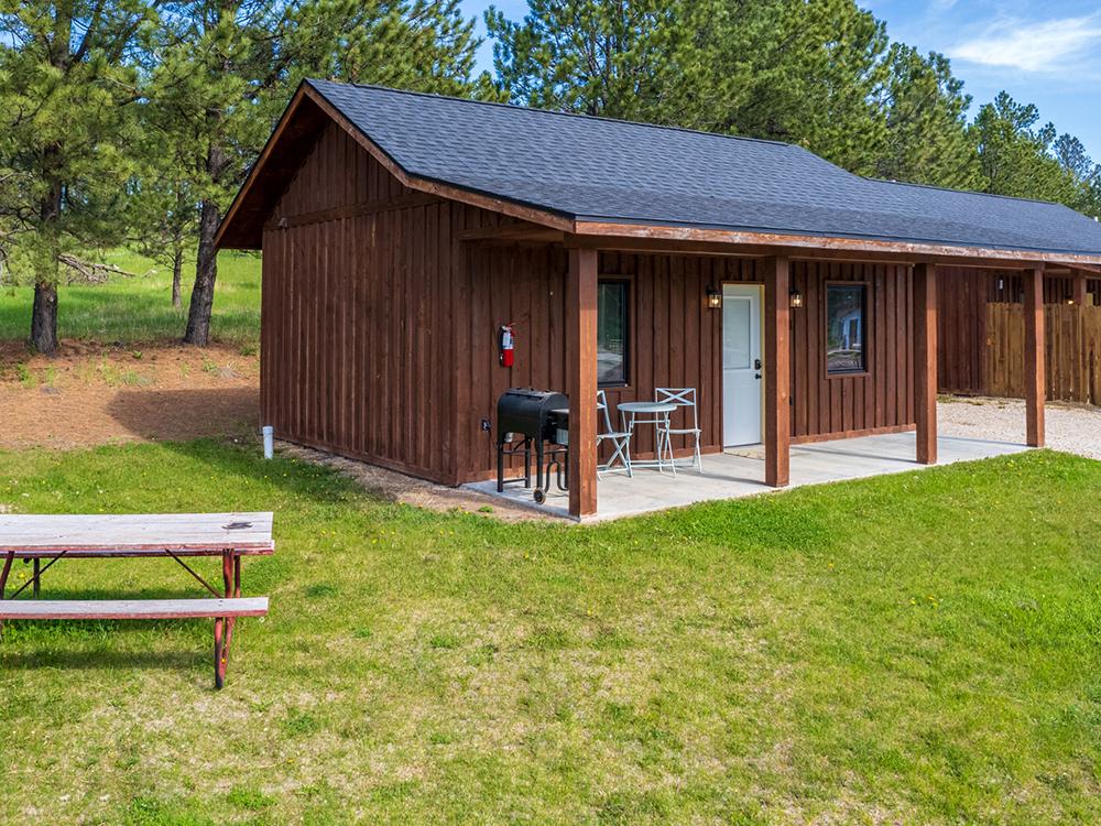 Deluxe Cabin with outdoor seating and fire ring at GOLD VALLEY CAMP