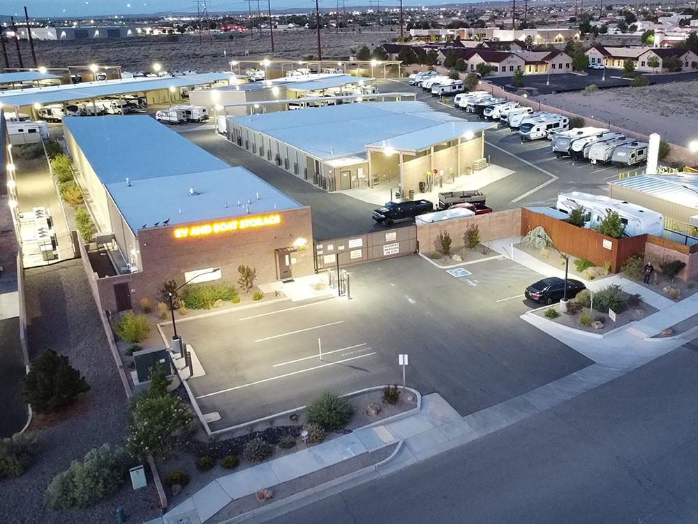 Aerial view of the facility at dusk at NOMADLAND RV STAY