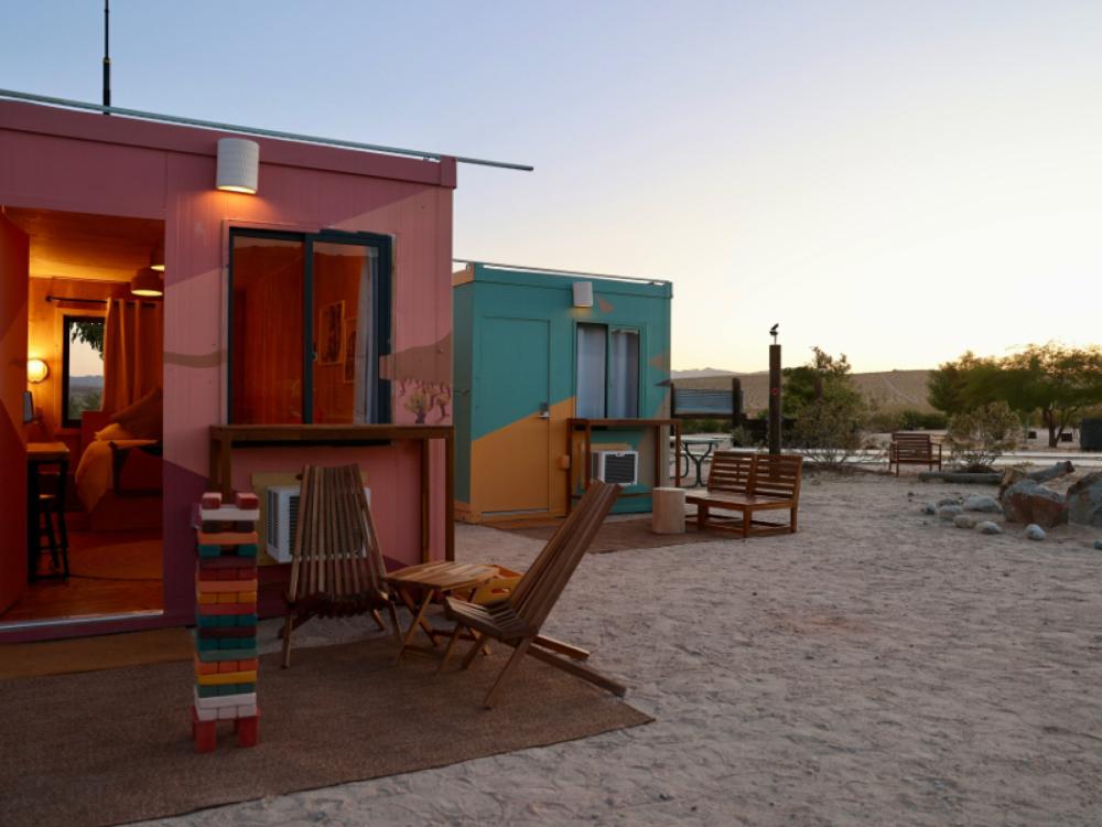 Exterior of 2 of the rentals available at Hostel Cubed at Joshua Tree Lake