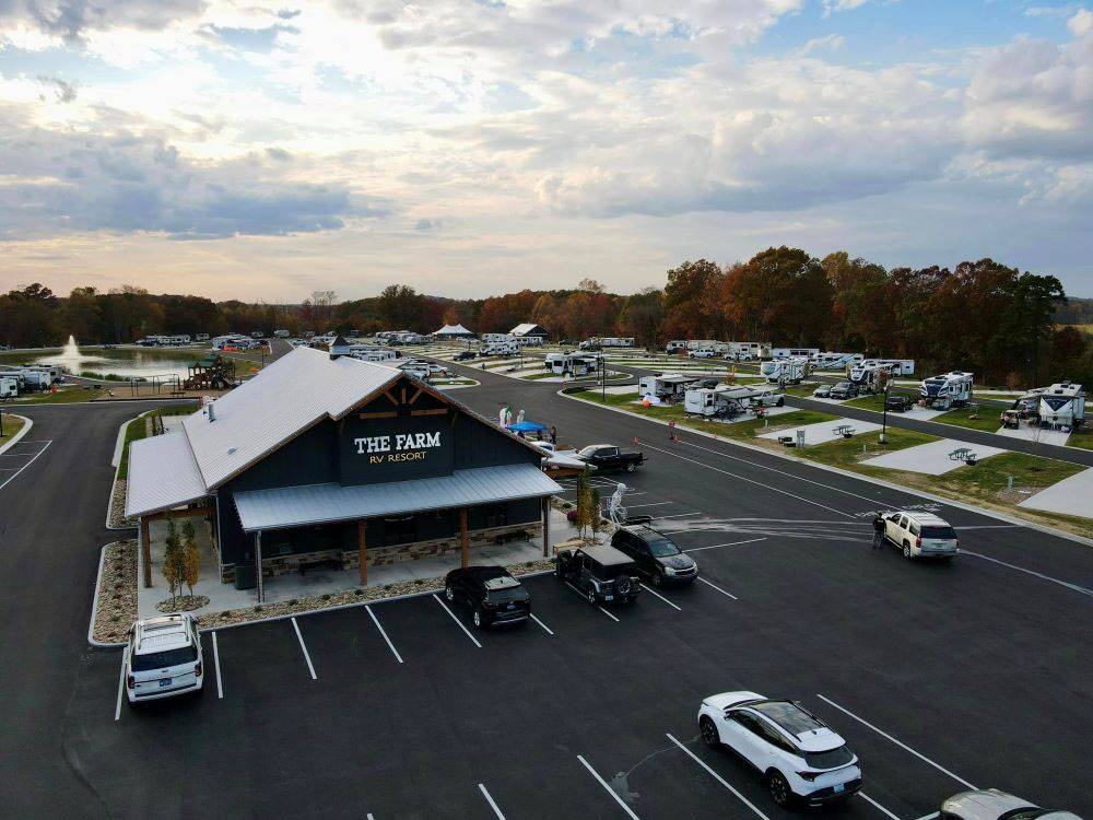 Aerial view of the office and RV sites at The Farm RV Resort