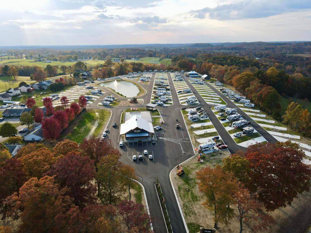 Birds eye view of the park and surrounding area at The Farm RV Resort