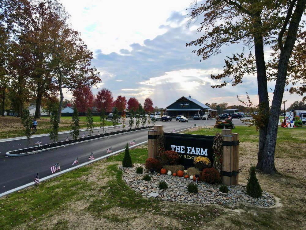 The sign at the entrance to the park at The Farm RV Resort