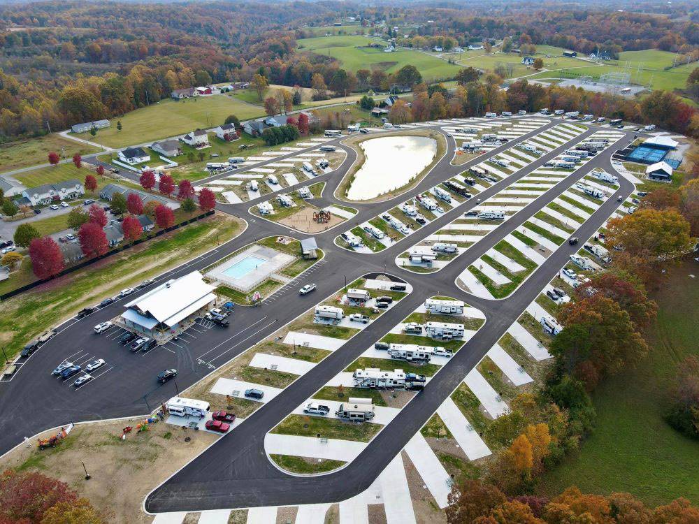 Sky view of the entire park at The Farm RV Resort