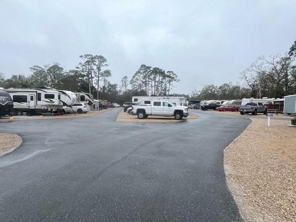 RVs parked in their sites at STEINHATCHEE VILLAGE RV PARK