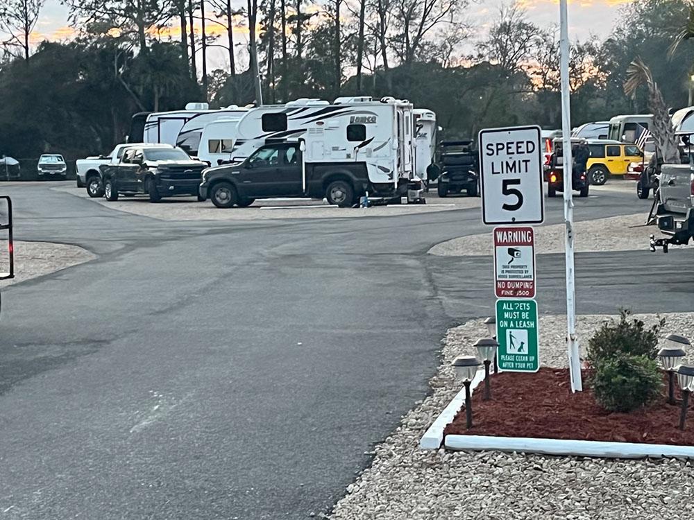 RVs at site and 5 mph sign at STEINHATCHEE VILLAGE RV PARK