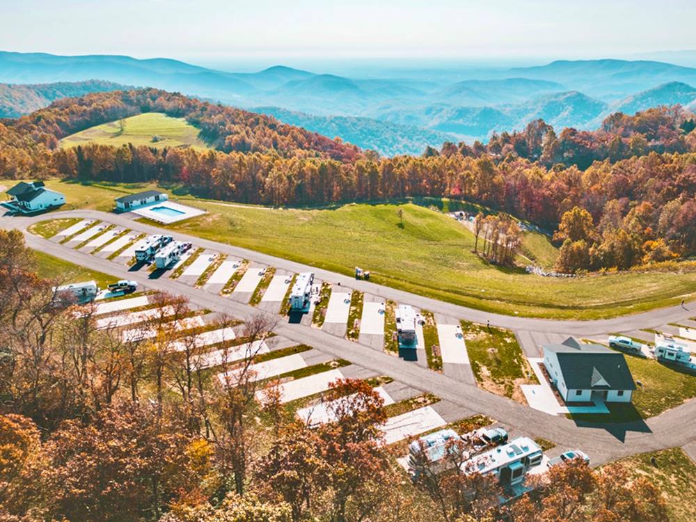 Aerial view of sites at The Oaks RV Resort