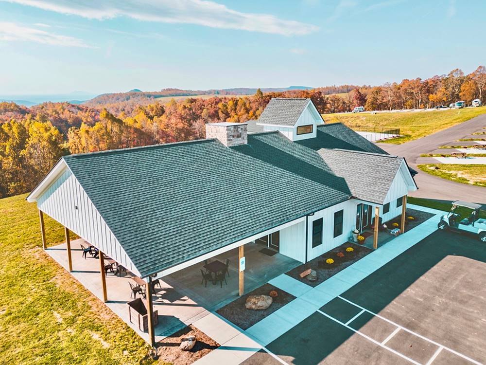 Aerial view of office at The Oaks RV Resort