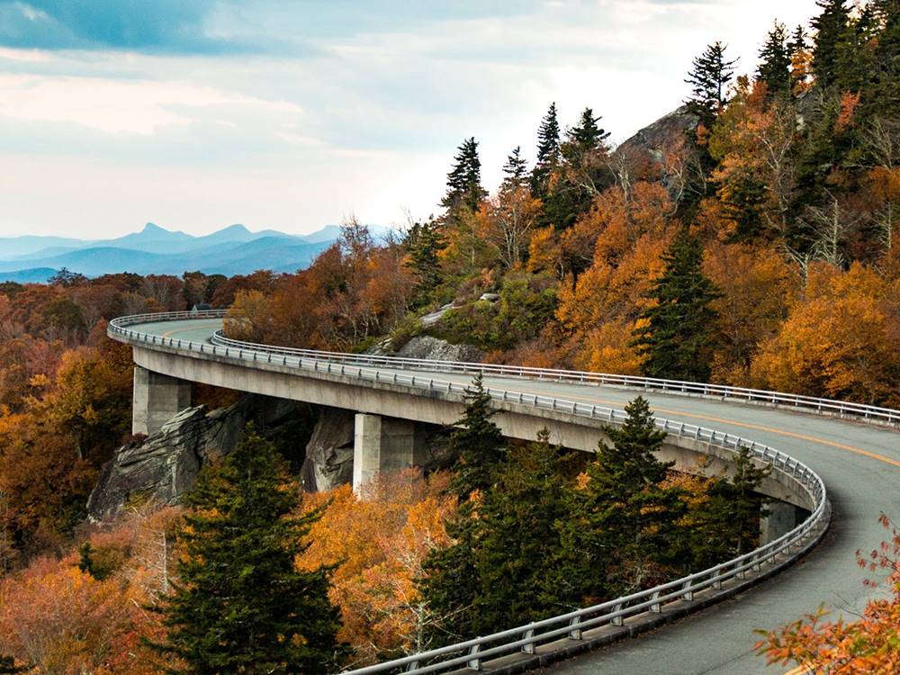 View of a bridge in the fall at The Oaks RV Resort