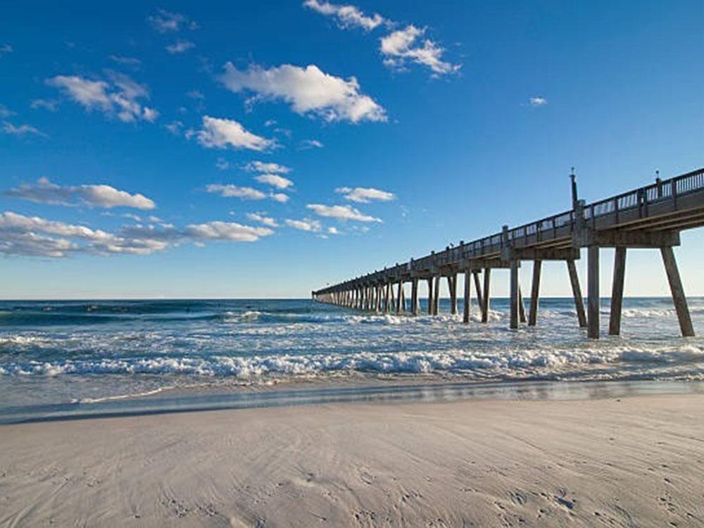 The pier on a sunny day at PALM COVE RV VILLAGE