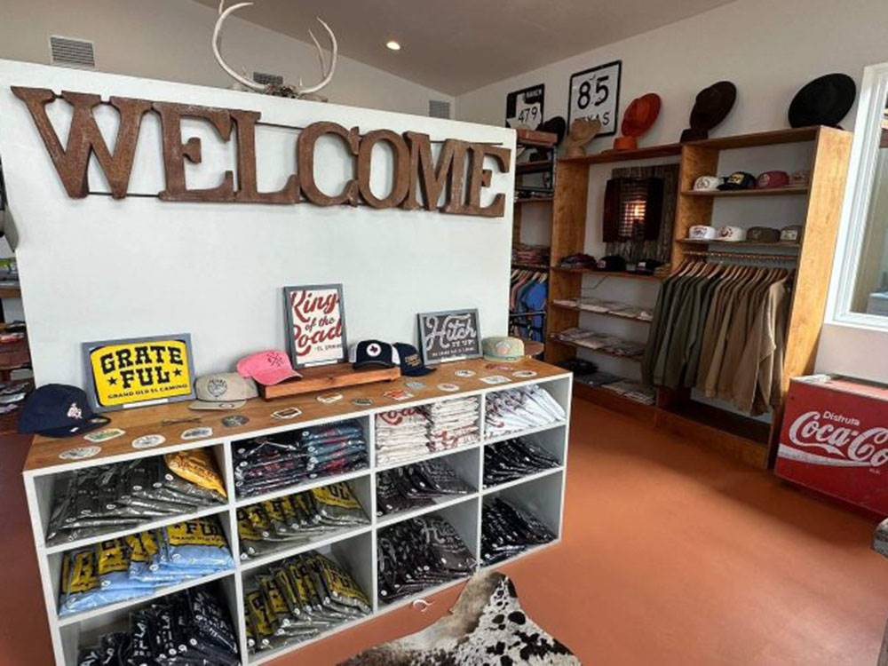 Interior of store with clothes and shelves