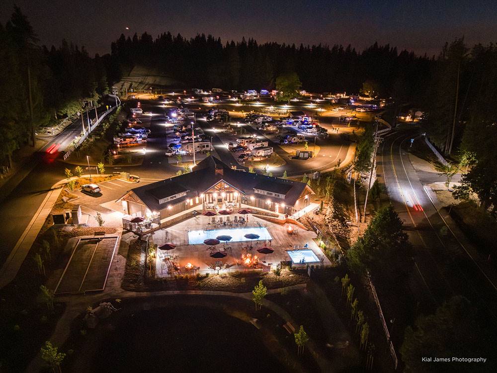 Aerial view of the park at night at Grass Valley RV Resort