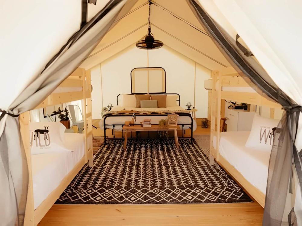 Inside look at glamping tent at site Timberline Glamping at Lake Guntersville