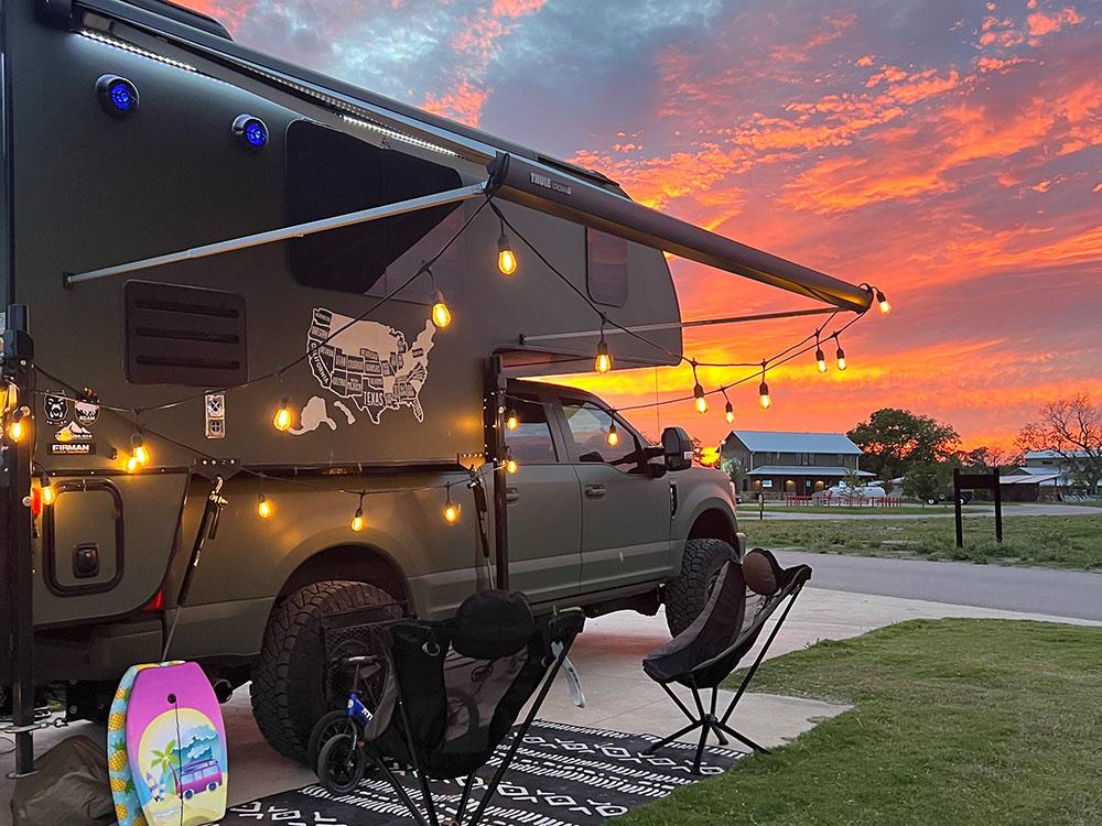 RV at sunset at CAMP FIMFO WACO