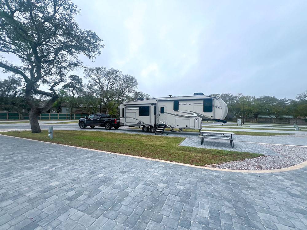 Trailer parked in pavered site