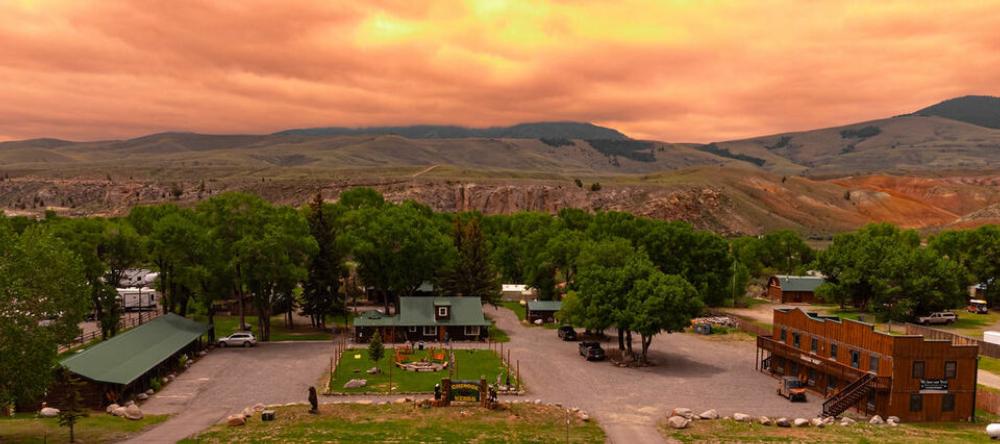 Aerial view of park at dusk