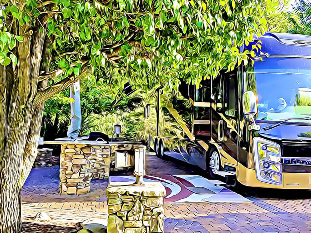 Painting of an RV under a tree at Palm Breeze Luxury RV Resort