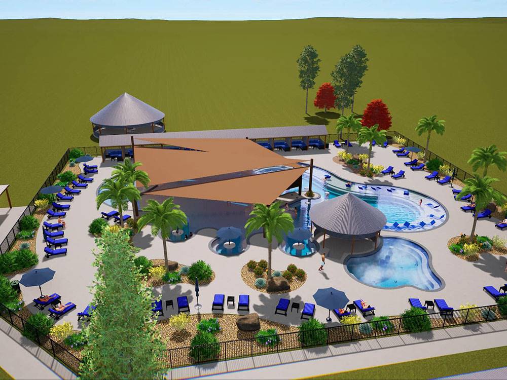 Rendering of pool and shade sails at Lagoon Ranch RV Resort