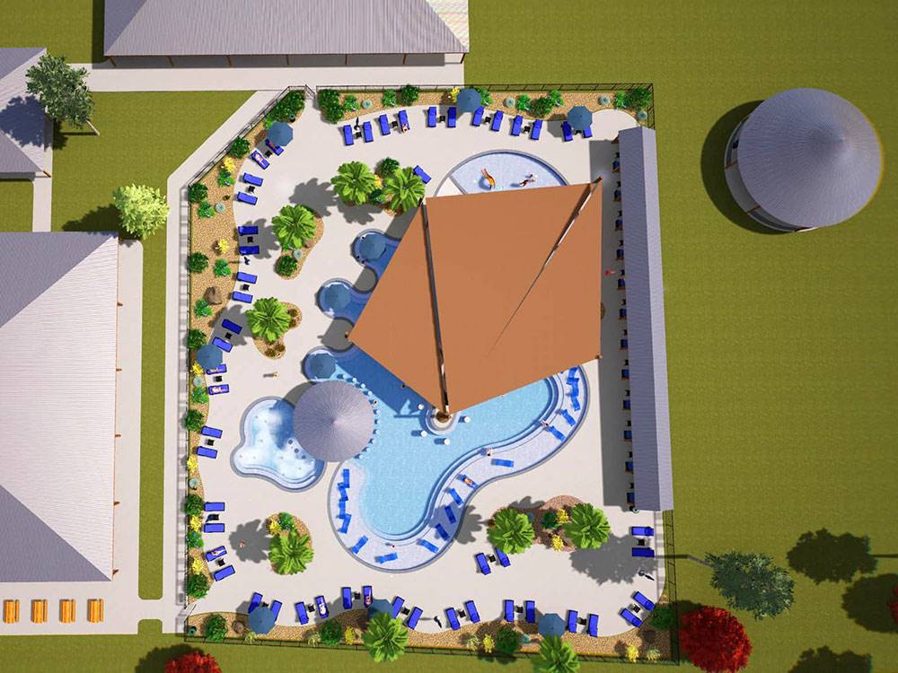 Rendering of aerial view of pool and office at Lagoon Ranch RV Resort